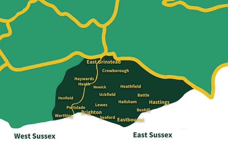 Coverage map: East and West Sussex with Uckfield at the centre